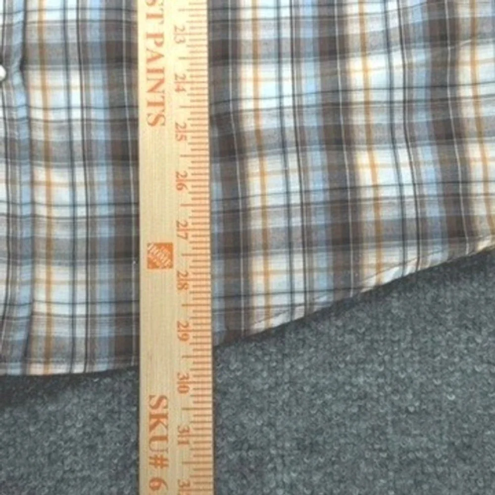 Polo Ralph Lauren Shirt Large Plaid S/S Snap Button Down Cotton Brown Blue L